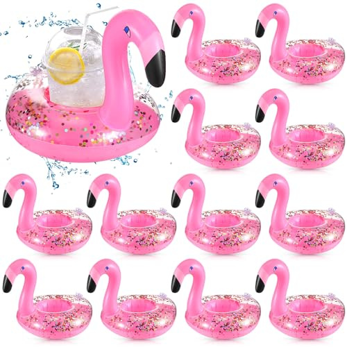 Perthlin 16 Flamingo Aufblasbare Getränkehalter mit Glitzernde Konfetti - Schwimmring Vinyl Schwimmende für Sommer Wasser Kinder Badespielzeug
