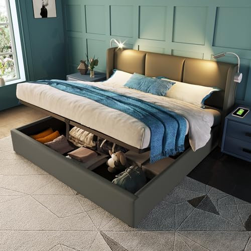 Kdtoll Polsterbett Doppelbett 140x200cm, Leselicht USB Ladefunktion Bett, Stauraumbett mit Bettkasten und Lattenrost, Ohne Matratze(Kunstleder, Grau)