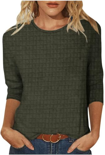 Damen Shirts 3/4 Arm - Damen Oberteile mit 3/4 Ärmeln lässige lockere Passform Rundhalsausschnitt niedliche solide Tunika Oberteile mit DREI Vierteln Damenblusen 3/4 Arm