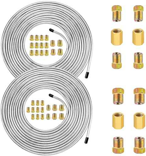 smseace Kit tubo del freno con connettori per tubo del freno (include 16 pezzi da 3/16 e 16 raccordi da 1/4 e 4 raccordi + 8 dadi) Linee freno rivestite in zinco