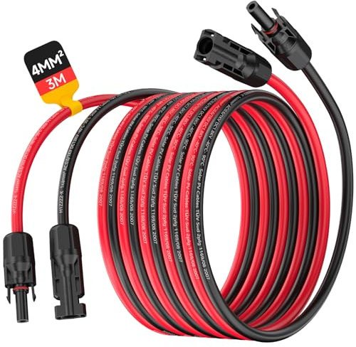 SORLPV SOLARKABEL 4MM², PV VERLÄNGERUNGSKABEL 3M MIT BUCHSEN UND SOLARSTECKER, 12AWG SOLARKABEL VERLÄNGERUNG, IP68 WASSERDICHTEM PHOTOVOLTAIK KABEL STECKER FÜR SOLARSYSTEME (ROT/SCHWARZ)