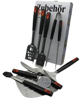 GrillGott Set di posate per barbecue in acciaio inox, 8 pezzi, con pala per pizza, rullo per pizza, pennello per barbecue, paletta per barbecue, forchetta, coltello per barbecue e spazzola per