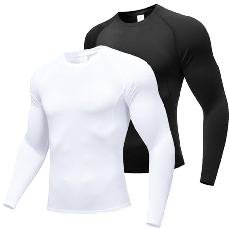 Towintec Men’s Compression Shirts Long Sleeve Athletic UPF 50+ Thermal Base Layer Water Sports Rash Guard Workout Undershirt Running T-Shirt Gym Tops(Black+White,L)