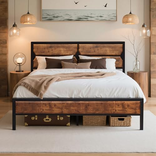 VECELO Cama de 140 x 200 cm con cabecero de Madera, Estructura de Metal con somier, Marco de Cama de Metal, Cama Juvenil, Dormitorio, Gran Espacio Debajo de la Cama, marrón Vintage