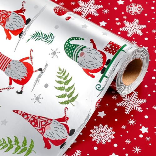 Wikadlik Weihnachts-Geschenkpapier aus Folie, 43 cm x 10 m, luxuriöses Metallic-Silber-Geschenkpapier, niedliches Zwerg/Zuckerstange/Pilz-Design