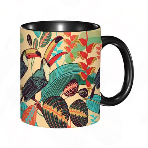 HRRASFAZF Tasse à Café | Tasse Céramique Fine | Cadeau Original | 330ml | Mug avec Anse | Cadeau Original pour Homme et Femme | Oiseaux toucans sur fond de feuilles et de fleurs tropicales. Motif flo
