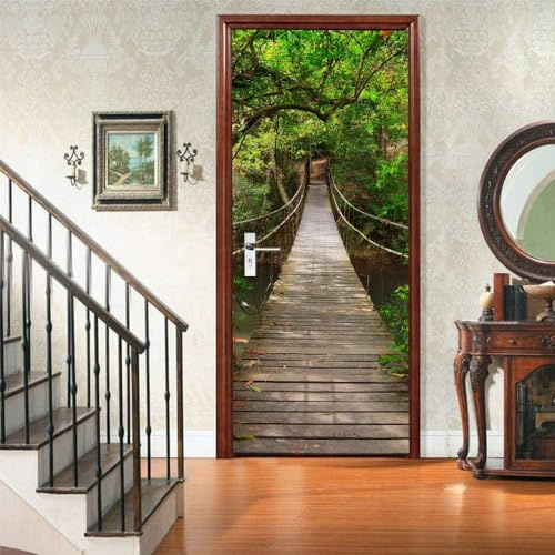 Türtapete Selbstklebend 100x200 cm Hängebrücke Türaufkleber 3D Wald-Landschaft Türposter Türfolie Poster Tapete PVC Wasserfest für Schlafzimmer Wohnzimmer Tür A-866