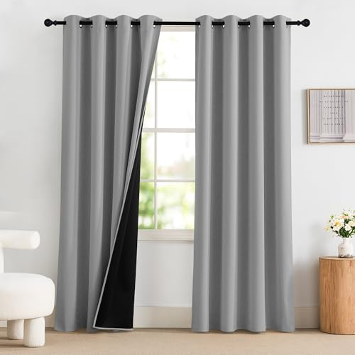 PONY DANCE 100% Blickdichte Gardinen Schlafzimmer Vorhang Hitzeschutz | 2er Set, H220 x B140 cm, Silbergrau, Blackout Curtains, Sichtschutz, UV-Schutz, mit Ösen, für Schlafzimmer Wohnzimmer Büro