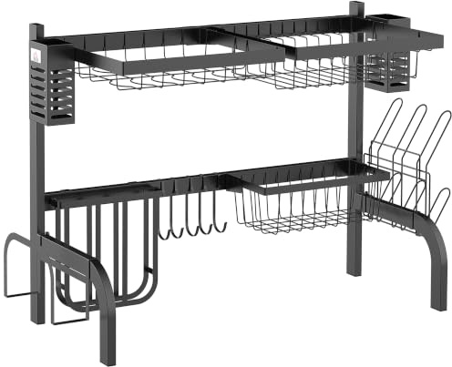 HOMCOM Abtropfgestell Geschirr 2-Stufig mit Haken Zubehör 81,5 cm Schwarz | Tellerregal, Abtropfständer, Abtropfgitter Gestell für Küchenspüle, Stahl