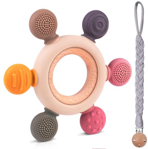 Vicloon Beißring für Babys, Baby-Beißspielzeug BPA-frei Spielzeug,Baby Ruder Greifling Zahnen Nursing Zubehör Silikon mit Hölzern Ring, 3-6-12 Monate Babys (Grau)