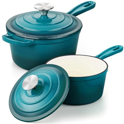 Leonyo - Set di padelle per salsa da 1 e 2 qt, in ghisa smaltata, con coperchio, piccola casseruola in ghisa olandese, da cucina, per tutti i piani cottura per pasta, latte, farina d'avena, fino a 260