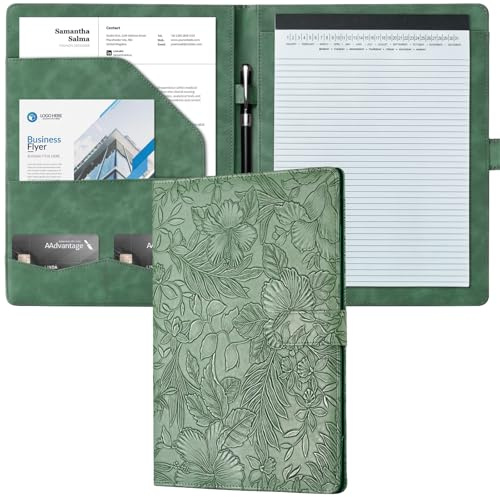 Mymazn Padfolio Portfolio Binder, Faux Leather Interview Resume Folder with Document Organizer & Business Card Holder, Letter-Sized Notepad Legal Pad Holder for Women Men (Green)