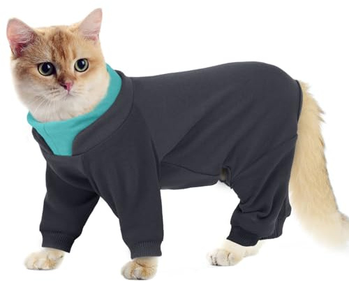 Warmer Katzenpullover Fleece - Katzenbody mit Beinen für Sphynx | Winterkleidung gegen Haare | weicher Katzenanzug nach Operation für Hautschutz & Wärme (Grau XS)