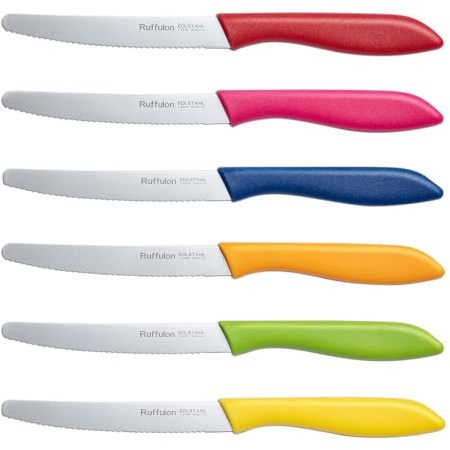Ruffulon Couteaux de Table Colorés en 6 Pièces,Couteaux à Steak avec Bord Dentelé,Set de Couteaux à Tomates,Set Couteaux de Cuisine avec Manche Ergonomique pour Steak, Pain, Légumes