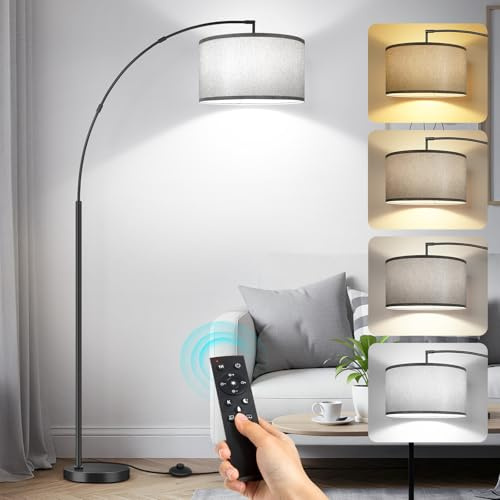OUTON Lampara de Pie de Arco, Lámpara de Pie Moderna con 4 Temperaturas de Color, Pantalla Gris 40cm, Control Remoto y Interruptor de pie, Bombilla E27, Lampara pie Led para Salón Dormitorios Oficina