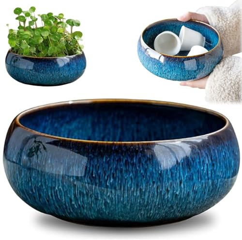 Maceta de loto, cuenco de cerámica para flores de loto, maceta de narciso de esmalte de flujo de gran calibre, lirio de agua de loto, suculentas, lavabo de cerámica simple (azul-a)