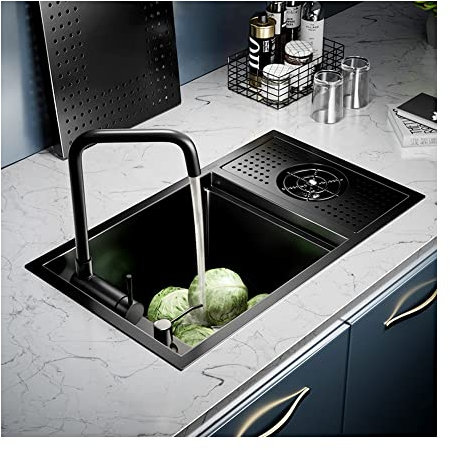 Lavello da cucina nero a incasso nascosto sottotop con una vasca, barra portaoggetti esterna con coperchio per lavello, rubinetto per lavatrice e superficie facile da pulire per ristorante,