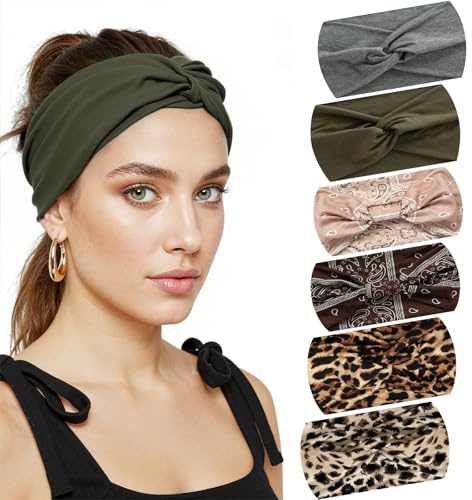 Haarband Damen,6 Stück Stirnband Damen Sommer,Haarreifen Breit | Dünnes Stirnband Damen,Leopardenmuster Boho Einfarbig Haarbänder für Yoga, Kosmetik, Sport Haarschmuck Sommer Laufen Exercise