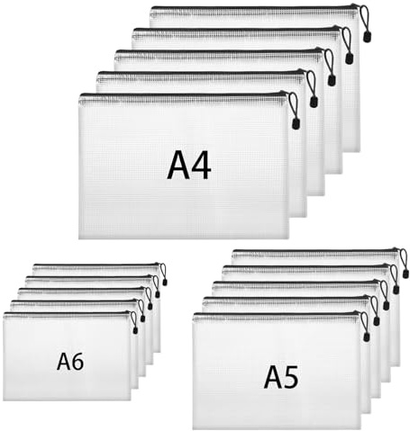 15 Stück Dokumententasche A4+A5+A6, Dokumentenmappe mit Reißverschluss | Wasserdichte Reißverschlusstasche Dokumententaschen für Datei Testpapiere Quittungen Kosmetika, Schwarz