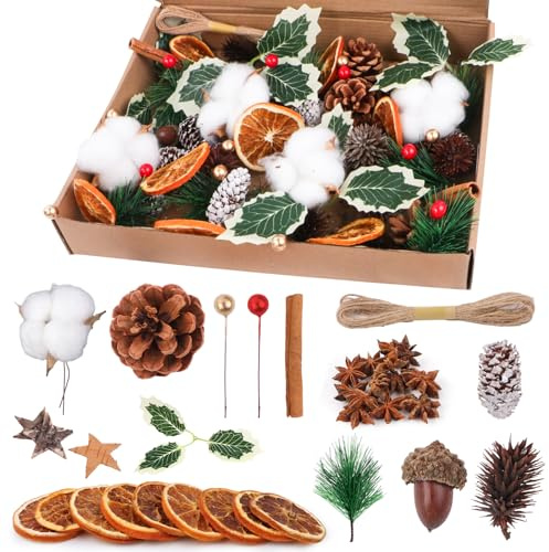 Joxessaien 190 Stück Weihnachtskranz Deko Set – Baumwolle, Zimtstangen, Sternanis, Orangenscheiben, Tannenzapfen, Beeren & Naturmaterialien für Adventskranz und Weihnachtsdeko