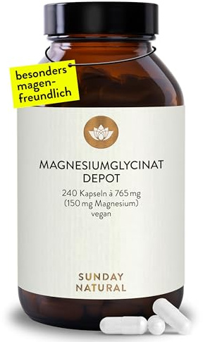 SUNDAY NATURAL® Magnesium Bisglycinat - 240 Kapseln - 300mg reines Magnesium pro Tagesdosis - Depot Magnesiumglycinat als organisches Aminosäurechelat - Laborgeprüft, vegan
