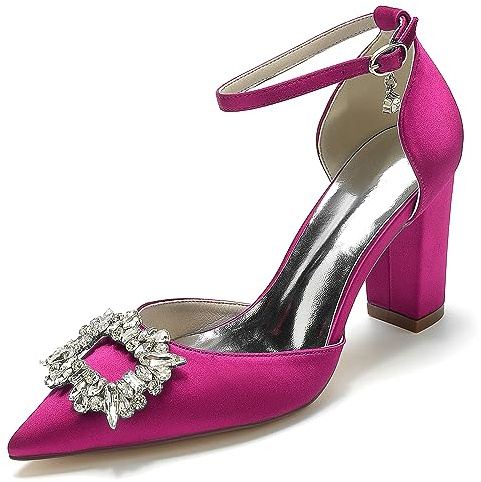 EICOFF Scarpe da Sposa con Tacco Grosso e Punta da Donna Scarpe da Feste con Tacco Alto Strass Cinturino alla Caviglia Décolleté da Abito,Rose,39 EU