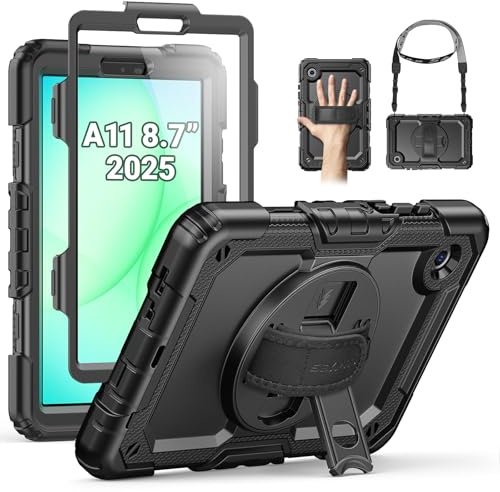 SEYMAC Case for Samsung Galaxy Tab A11 (2025) 8.7 inch with stand, Black | Shockproof with Screen Protector, Hand Strap & Rotating Stand, Shoulder Strap, Case for Samsung A11 Tablet, SM-X130/X133/X135