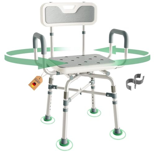 RMAN Silla de Ducha Giratoria 360° con Apoyabrazos para Personas Mayores | Altura Regulable, Que Se Monta Sin Herramientas, Carga 300 kg, Para Mujeres Embarazadas y Movilidad Reducida, Gris