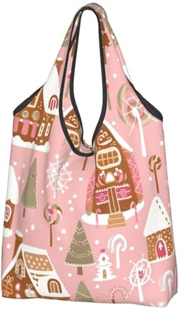 Mexpekil Sac à provisions pliable rose maison en pain d'épice réutilisable sac fourre-tout imperméable pour le shopping quotidien