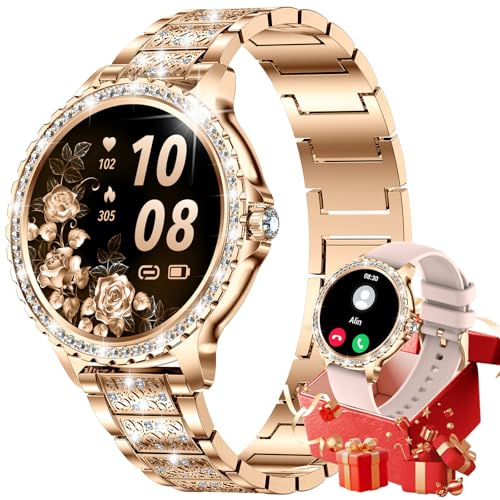 CHOOSETIME Smartwatch Damen mit Telefonfunktion, 1.32 Armbanduhr mit Diamanten, Fitnessuhr für Android iOS, Menstruationszyklus/Herzfrequenz/Schrittzähler, 500+ Ziffernblätter, 2 Armband, Rosegold