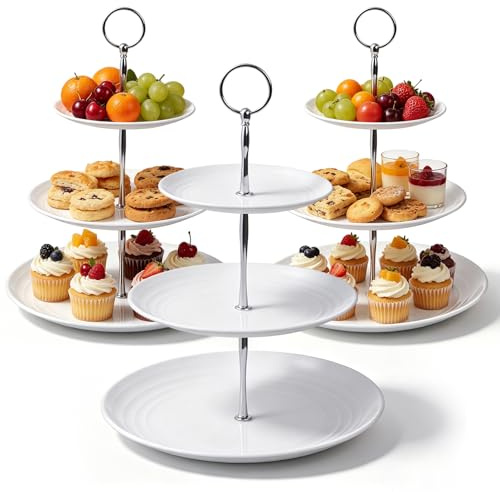 3 Stück Etagere 3 Etagen mit Tragegriff, Höhe 33 cm, Wiederverwendbar | Cupcake Ständer, Kunststoff Rund Tortenständer 3 Etagen, Cupcake-Ständer, Cup Cake-Ständer Halter für Kuchen, Obst, Snacks