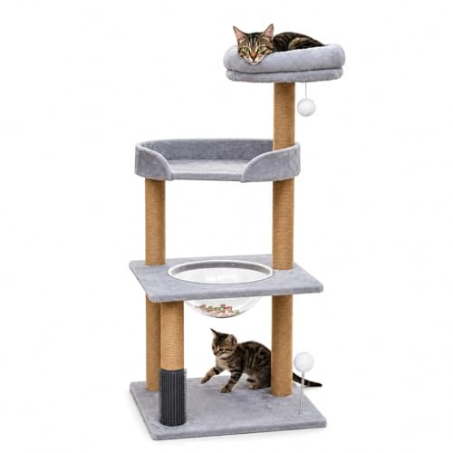 COTTECOTA Árbol Rascador para Gatos, Gris, Madera y Sisal, 113x48x48 cm, con Plataforma Acolchada, Diseño Minimalista