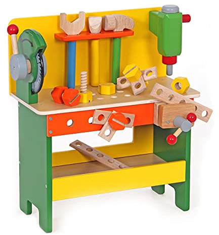 Holzspielzeug Peitz Kinderwerkbank 19-teilig | für den kleinen Handwerker Slh 3376 | schöne und solide Werkbank | mit Schraubstock Hammer Säge und weiterem Zubehör aus Holz |