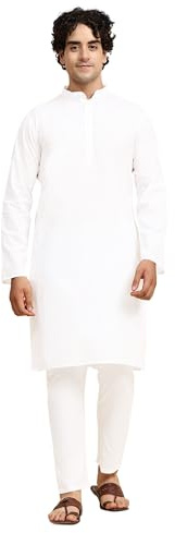 SKAVIJ Tunique en Coton pour Homme Kurta Pyjama Indian Yoga Casual Dress Set (Blanc, XX-Large)