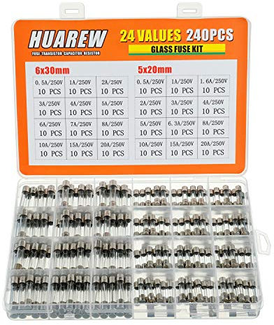 HUAREW 24 Values 240 Pcs Fast Blow Glass Fuses 250 V volt 5x20 mm 0.5 1 1.6 2 3 4 5 6.3 8 10 15 20 A 6x30 mm 0.5 1 2 3 4 5 6 7 8 10 15 20 A amp Assortment Kit