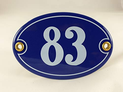 Emaille Hausnummer Schild Nr. 83, oval, Blau-Weiß Handarbeit