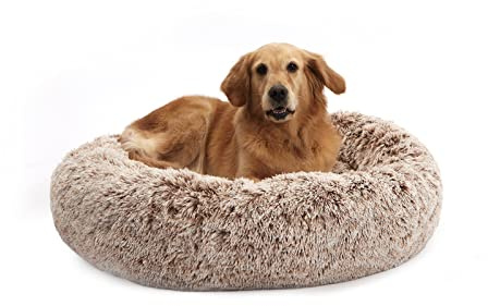 Bedfolks Calming Donut Dog Bed, 36 Inches Round Fluffy for Large Dogs, Anti-Anxiety Plush, Machine Washable (Brown, Large)