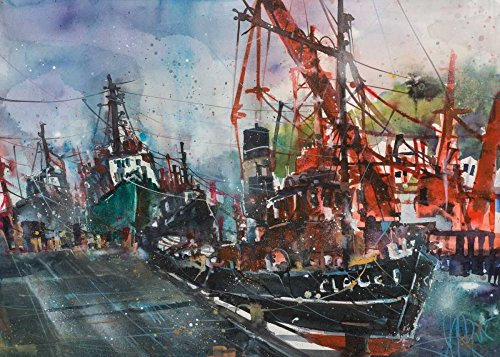 Kunstdruck auf Holz gespannt, Bars Hamburg Harbour Muster Andreas – Küste horizontal Bild Hafen Schiff Segel Stadt Aquarel Kunstdruck 56 x 81 cm