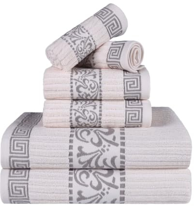 Superior Dekoratives 6-teiliges Handtuch-Set, griechisches Muster, saugfähige Premium-Baumwolle, Dekor für Badezimmer, Spa, inklusive 2 Händen, 2 Gesichts- und 2 Badetüchern, Home Essentials,