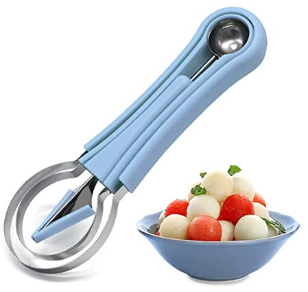 Melonen-Baller-Set,Multifunktion Obst Werkzeug Küchenhelfer Set 4 in 1 Melon Ball Fruit Scoop Cutter Set, Fruchtschnitzmesser,Schnitzmesser für DIY-Obstsalate (blue)