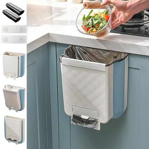 Ruucy Pattumiera Cucina, 11L Pieghevole Pattumiera da Appendere, Cestini Spazzatura Appendibile con Organizer per Sacco Spazzatur, Pattumiera Sospesa per Cucina, Bagno, Auto(Upgrade-Blu)