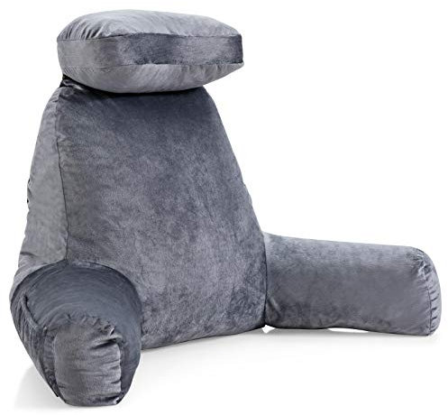 COSTWAY Extra Large Reading Pillow, Bed Rest Pillow Back Lumbar Support Cushion with Removable Neck Roll, Arms & Pockets, Sit Up Pillow for Relaxing Gaming Watching TV (Grey)