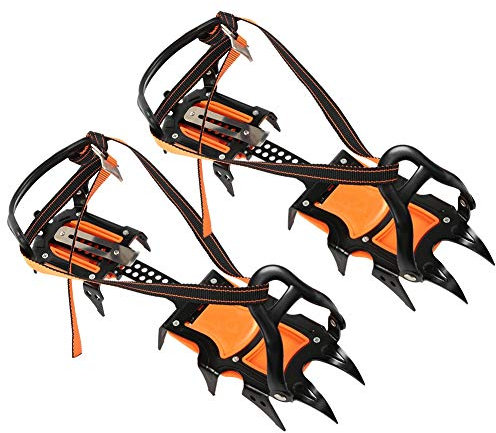 FOLOSAFENAR Steigeisen zum Wandern , hochelastisches Eissteigeisen Schwarz + orangefarbenes Stahlmaterial zum Bergsteigen