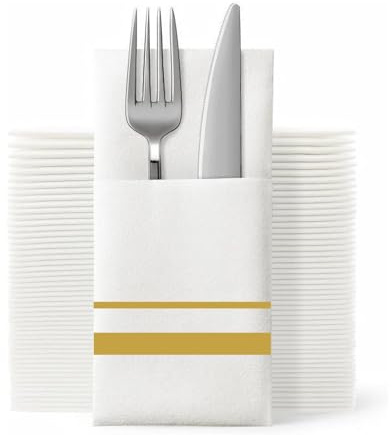 SUZZYVINE Tovaglioli usa e getta dorati con tasca integrata per posate, tovaglioli per il pranzo, per feste di nozze, effetto lino, 100 pezzi, 40,6 x 40,6 cm