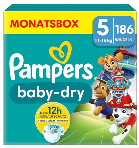 Pampers Baby-Dry Paw Patrol Edition Größe 5, 186 Windeln, 11kg-16kg, Bis zu 100% Auslaufsicher & Komfortable Nacht