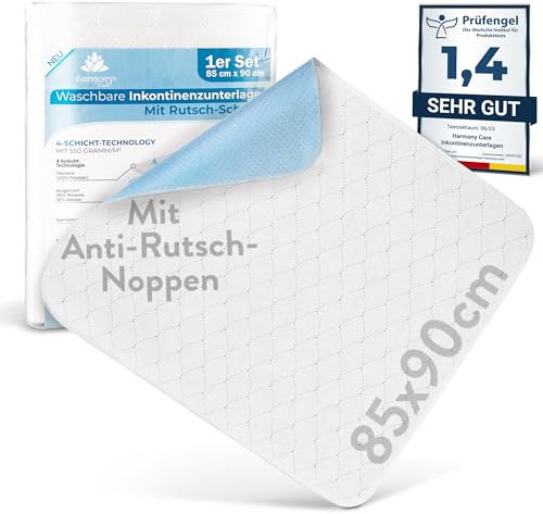 Harmony Care® Inkontinenzunterlage waschbar 85x90 cm [mit Anti-Rutsch-Noppen] - 1x rutschfeste Inkontinenzauflage - atmungsaktive Inkontinenz Bettunterlage