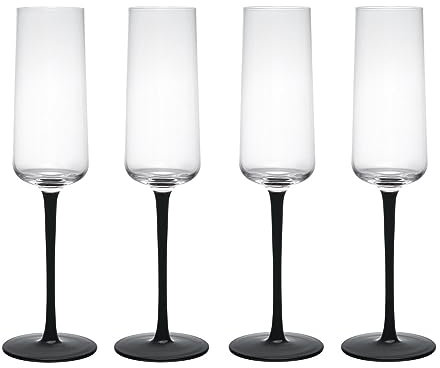 Mikasa Palermo Set di 4 flute da champagne in cristallo, 250 ml, con stelo nero - 100% cristallo senza piombo - Confezione regalo e lavabile in lavastoviglie