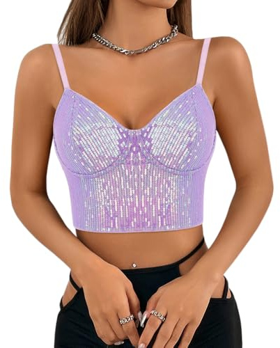 Segreto damer glitter paljetter linne ärmlös spagettiremmar sexig crop top axelbandstopp festival party klubb camisole, Lila paljetter, L