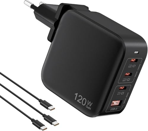 USB C Ladegerät Stecker 120W, 4 Port 3 USB C +1 QC 3.0 Unterstützung 100W Mac Book Pro GaN Schnellladegerät, Tragbarer Multiport USB C Laptop Ladestecker mit Ladekabel für MacBook, Tablet, Handy