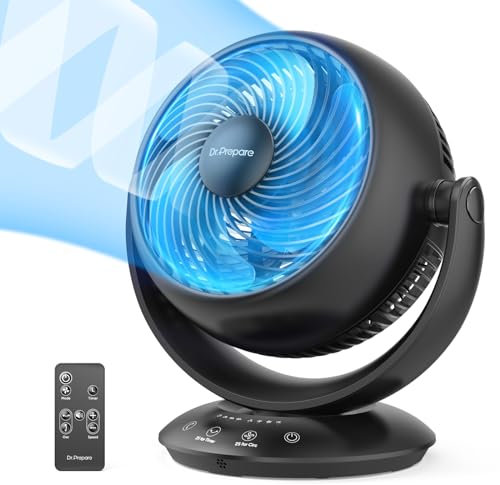 DR.PREPARE Air Circulator Fan for Bedroom, 25 dB Quiet Fan with Remote, 90°+90° Auto-Oscillating Vortex Fan, Efficient Cooling, 3 Speeds, 2-12H Timer, 10 Inch Powerful Desk Table Fan for Home, Office